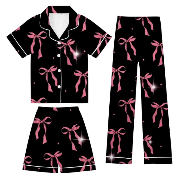 RTKFRFLM Girls Silk Like Printed Pajama Set 3 Piece Outfits Set Kids Casual Loungewear Comfortable Sleepwear Loose Fit Elastic Waist Sleepwear Nightgown Pjs Loungewear