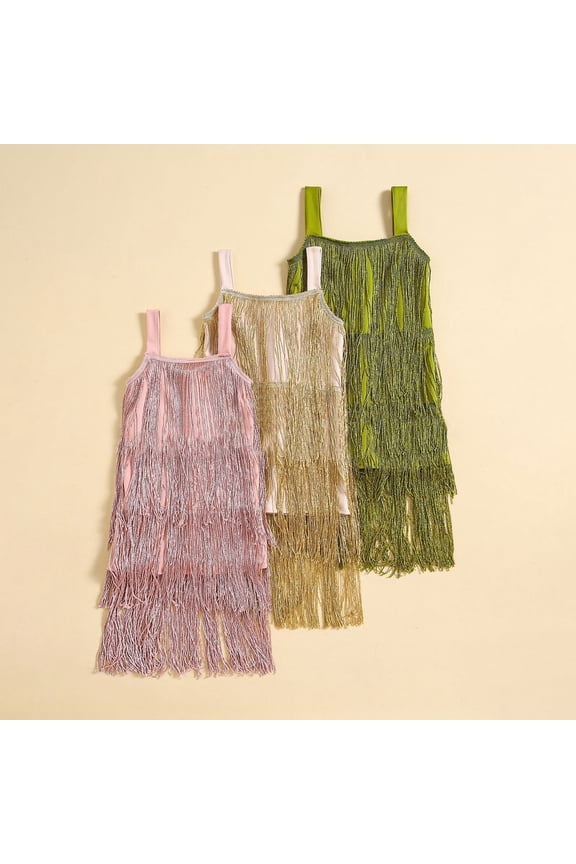 Girls Sleek Solid Color Tassel Gown Kids Sleeveless Spaghetti Strap Fringe Dress for Party Teens Fashionable Formal Event Dress Elegant Boutique Evening Wear for Older Girls