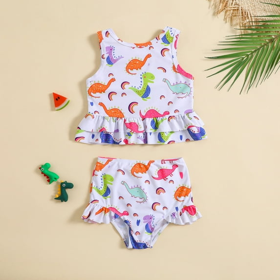 RTKFRFLM Girls Sleeveless Dinosaur Print Ruffle Bikini Set Summer Beach Pool Swimwear Cute Split Swim Outfit for Kids