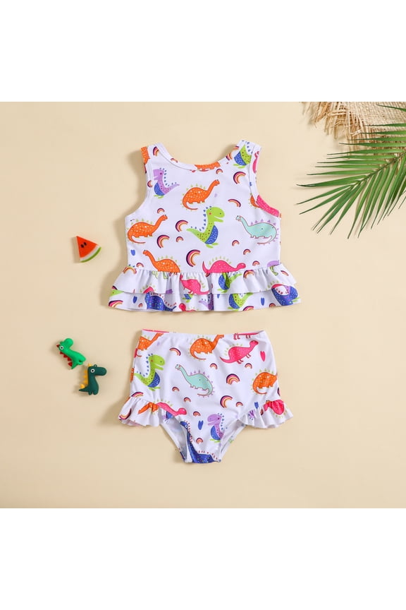 Girls Sleeveless Dinosaur Print Ruffle Bikini Set Summer Beach Pool Swimwear Cute Split Swim Outfit for Kids