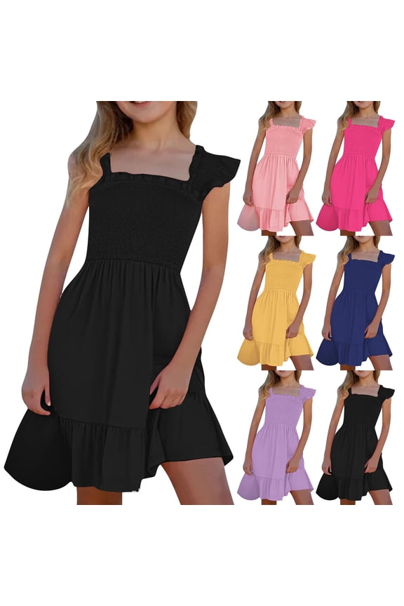 Girls Sleeveless Square Neck Dress with Ruched Detail Kids Fashionable Backless Summer Sundress Toddler Casual Lightweight Party Gown Simple Stylish Vacation Outfits for Little Girls