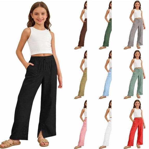 RTKFRFLM Girls Solid Casual Pants Soft Cotton Lounge Trousers with Comfortable Elastic Waistband for Kids Big Girls Size 4-15 Years