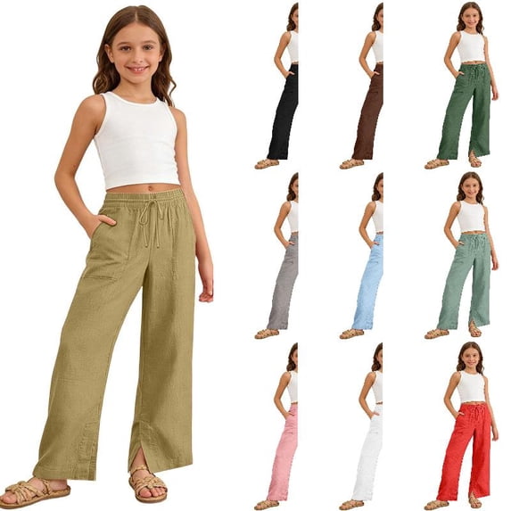 RTKFRFLM Girls Solid Casual Pants Soft Cotton Lounge Trousers with Comfortable Elastic Waistband for Kids Big Girls Size 4-15 Years