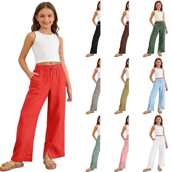 RTKFRFLM Girls Solid Casual Pants Soft Cotton Lounge Trousers with Comfortable Elastic Waistband for Kids Big Girls Size 4-15 Years