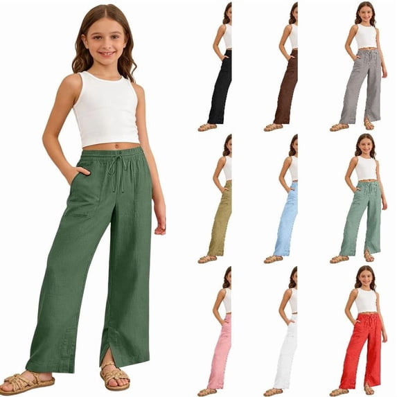 RTKFRFLM Girls Solid Casual Pants Soft Cotton Lounge Trousers with Comfortable Elastic Waistband for Kids Big Girls Size 4-15 Years
