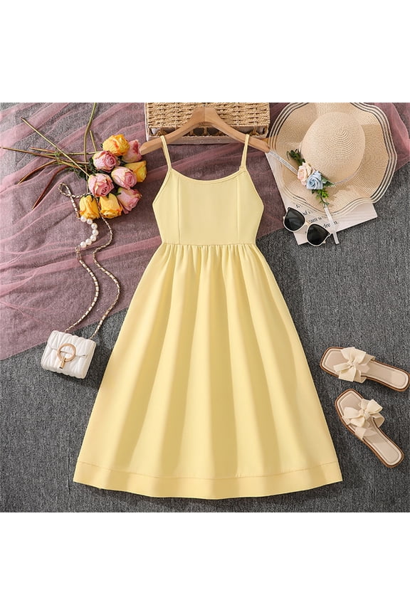 Girls Solid Color Cami Dress with Elastic Waist Kids Elegant Sleeveless Swing Hem Sundress Children's Sophisticated Summer Maxi Gown Fashionable Boutique Outfits for Teen Girls