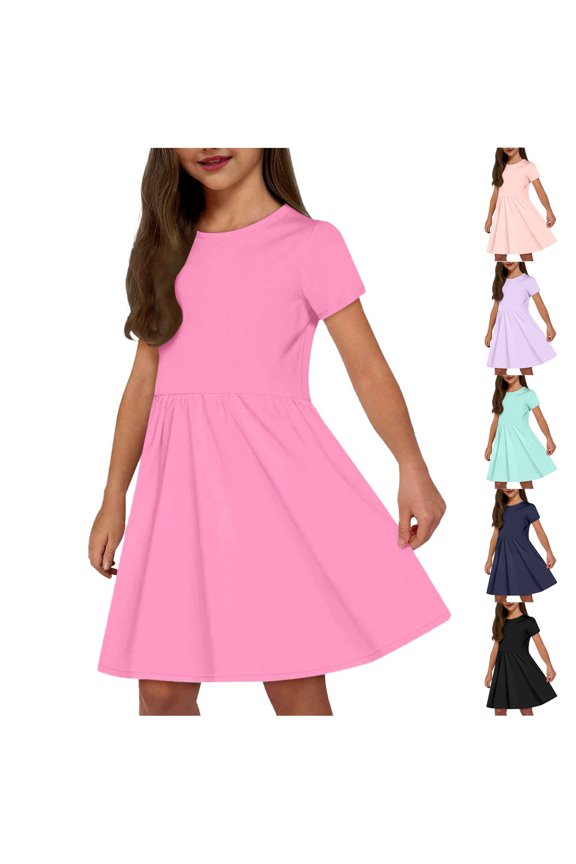 Girls Solid Color Crewneck Short Sleeve Casual Dress Kids Soft Breathable Cotton T-Shirt Dress Toddler Comfortable Everyday Playwear Skirt Simple Stylish Outfits for Ages 3-12 Years