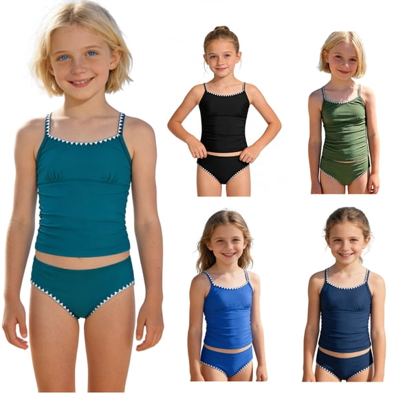 RTKFRFLM Girls Solid Sporty Tankini Swimsuit Contrast Binding 2-Piece Bathing Suit Kids Athletic Sleeveless Swimwear Set Summer Beach Wear for Active Girls