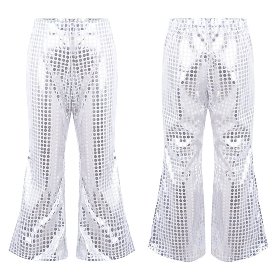 RTKFRFLM Girls Sparkly Polka Dot Flare Pants Sequin Performance Trousers Silver 8-9 Years