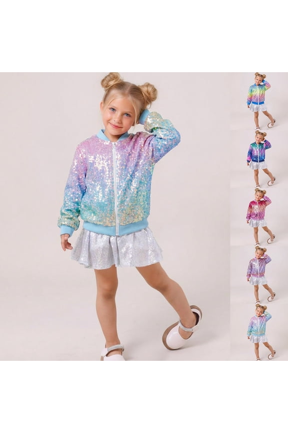 Girls Sparkly Sequin Jacket Colorful Contrast Fashionable Performance Coat Multicolour1 6-7 Years