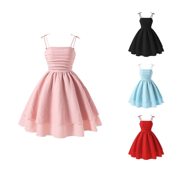 RTKFRFLM Girls Sweet Cami Dress Solid Color Summer Sundress with Bowknot Decor Blue 11 Years