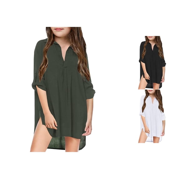 RTKFRFLM Girls Swimsuit Cover Up Solid Color Chiffon Long Sleeve Sheer Beach Pool Sun Protection Dress Skirt 4-13Y