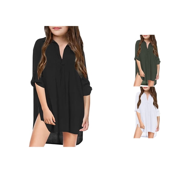 RTKFRFLM Girls Swimsuit Cover Up Solid Color Chiffon Long Sleeve Sheer Beach Pool Sun Protection Dress Skirt 4-13Y