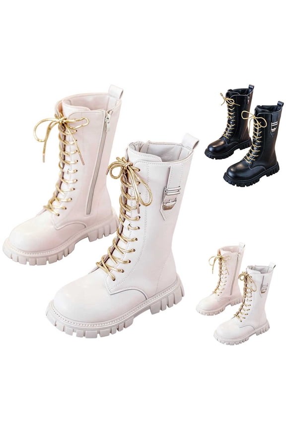 Girls Tall Princess Boots Gold Lace-up Fashionable Soft Sole Long Boots White 6-7 Years