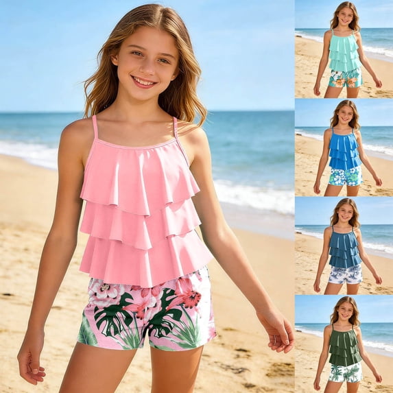 RTKFRFLM Girls Tankini Swimsuit Set 2-Piece Layered Ruffle Top with Shorts for Kids Ages 6-14 Summer Beach Bathing Suit
