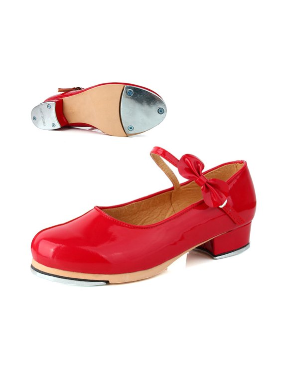 Girls Tap Dance Shoes Shiny Bowknot Soft Sole Performance Shoes Red 6-7 Years
