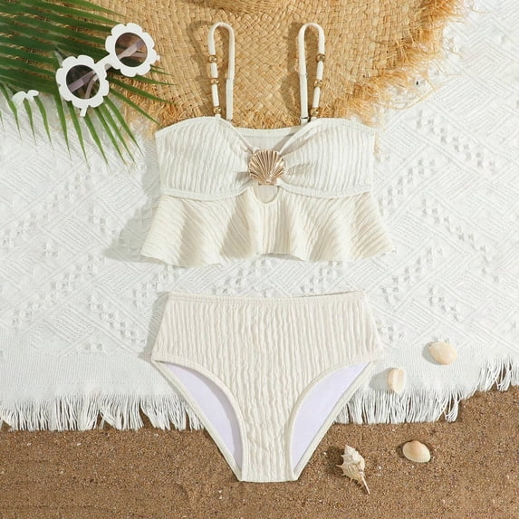RTKFRFLM Girls Two Piece Swimsuit Ruffle Trim Cute Design, Shell Style Beach Swimwear for Toddler Kids