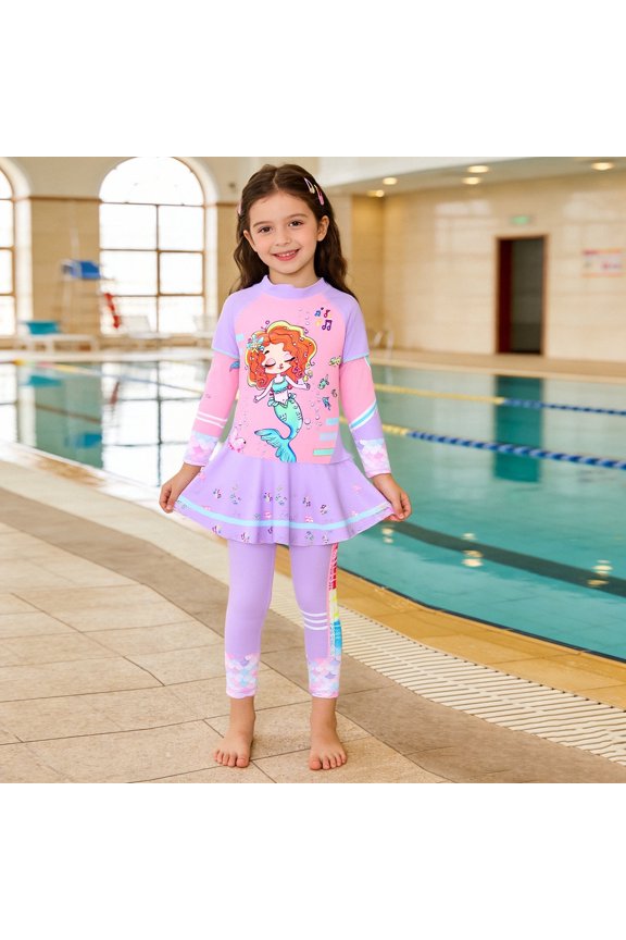 Girls Two Piece Swimwear Cute Cartoon Print, Quick Dry Sun Bathing Swimsuit Set for Kids Beach Pool