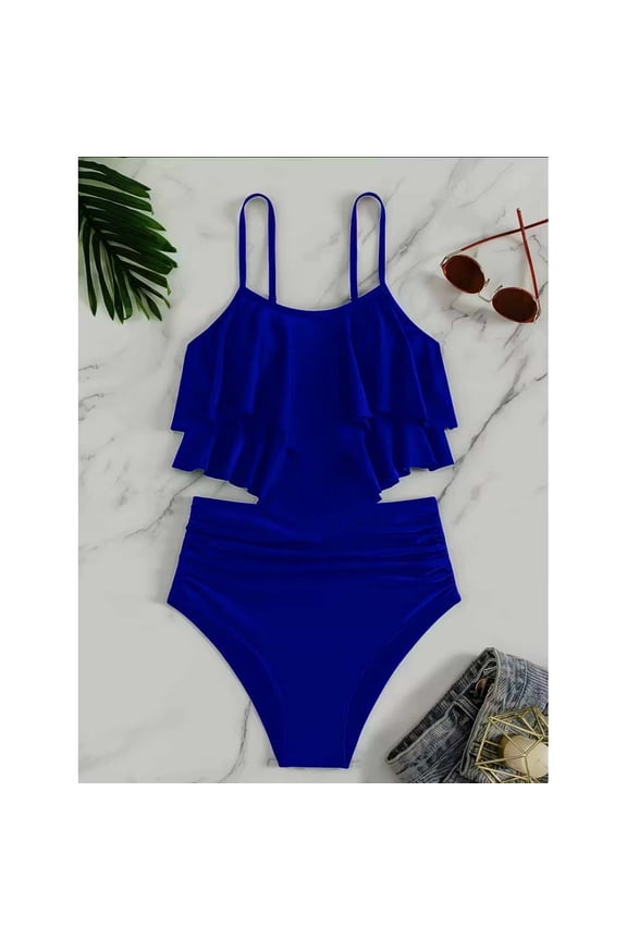 Girls Two Piece Swimwear Solid Color Bikini with Ruffled Back and Tankini Top, Fashion Swimwear for Teens Youth