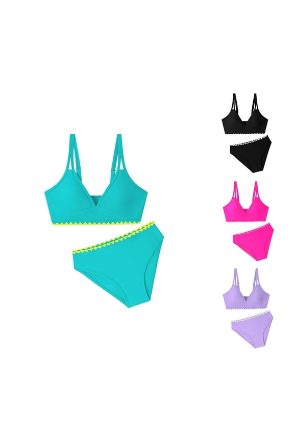 Girls V-Neck Bikini Set 2-Piece Padded Bathing Suit with Dual Straps Mint Green 11-12 Years