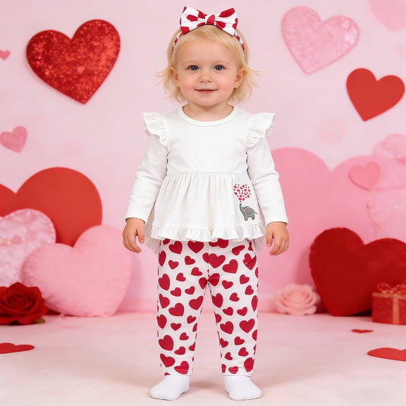 RTKFRFLM Girls Valentine Outfit Long Sleeve Heart Print Top with Pants and Headband Casual Set 12M-5Y
