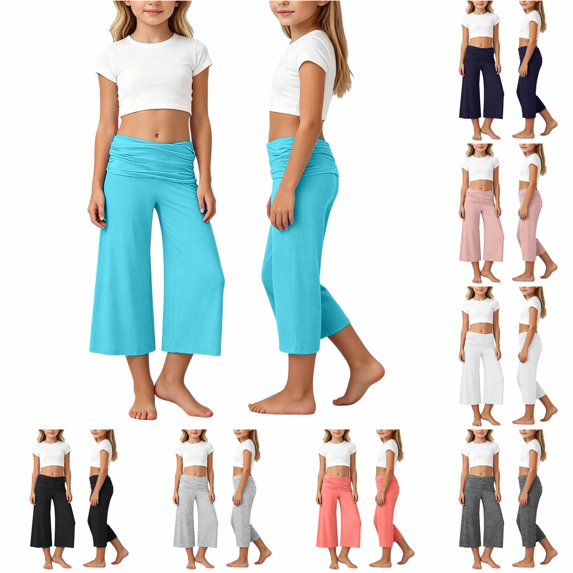 RTKFRFLM Girls Yoga Capri Pants Solid Color Foldover Ruched Waist Wide Leg Casual Cropped Trousers Leggings Kids 5-14Y