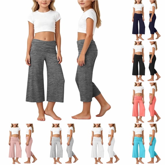 RTKFRFLM Girls Yoga Capri Pants Solid Color Foldover Ruched Waist Wide Leg Casual Cropped Trousers Leggings Kids 5-14Y