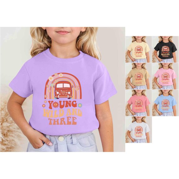 RTKFRFLM Girls Young Wild and Three Birthday T-Shirt Cute 3rd Birthday Year Letter Graphic Crewneck Short Sleeve Tee 3-13Y