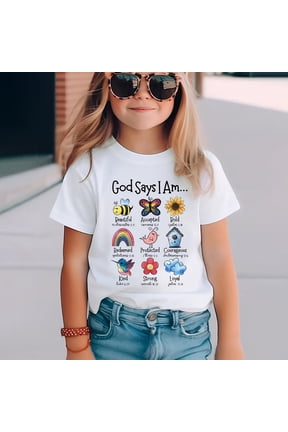 God Says I Am Graphic Tee for Girls Religious Christian Letter Print Short Sleeve Round Neck T-Shirt Top Kids Summer Faith Shirt Soft Cotton Comfortable Children's