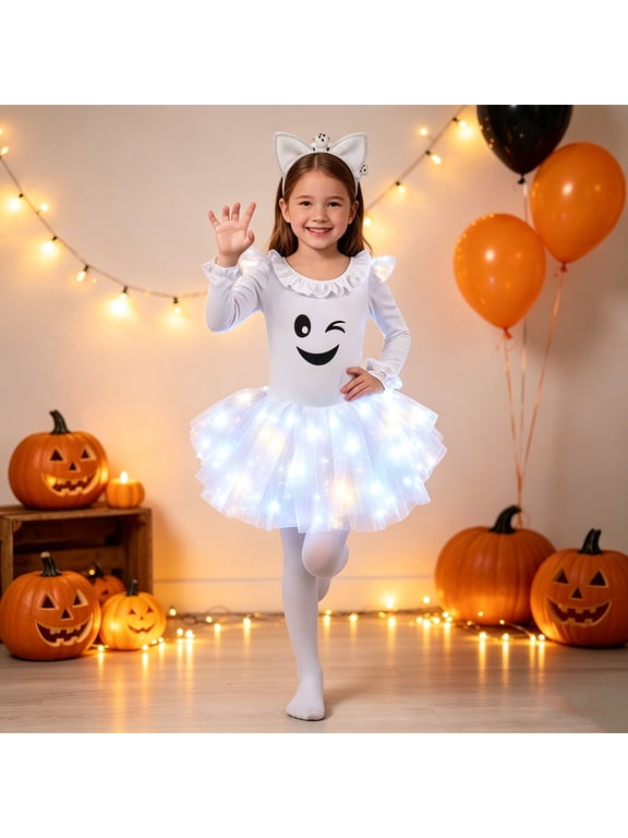 Halloween Costume Dress for Girls, White Light Up Tutu Dress with Winking Smile Face, Long Sleeves and Ruffle Neckline for Party Dress Up