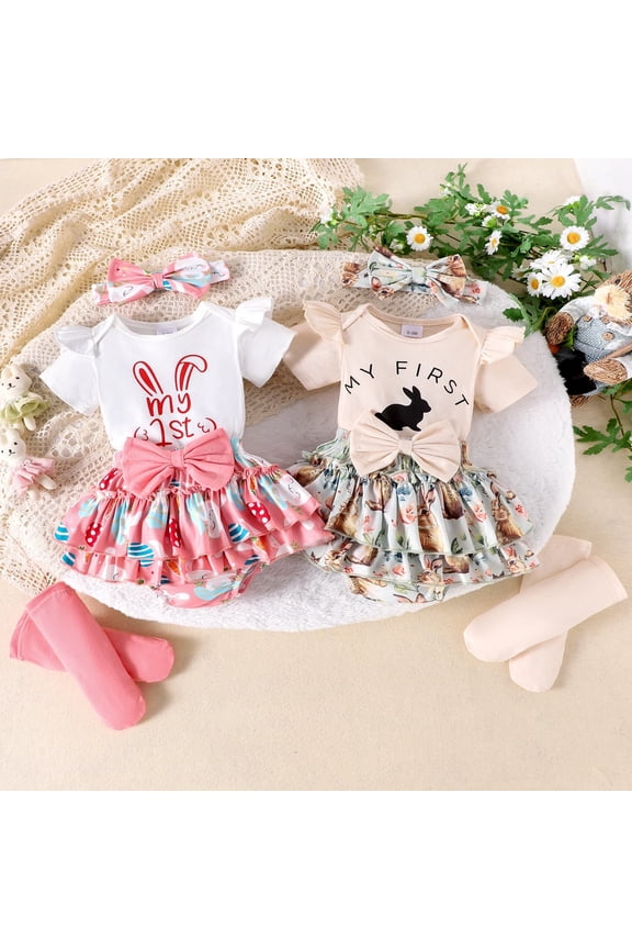 Infant Baby 2-Piece Easter Set Summer Short Sleeve Bunny Print Romper Bodysuit and Matching Shorts Outfit Festive Spring Holiday Outfits for Newborns and Toddlers