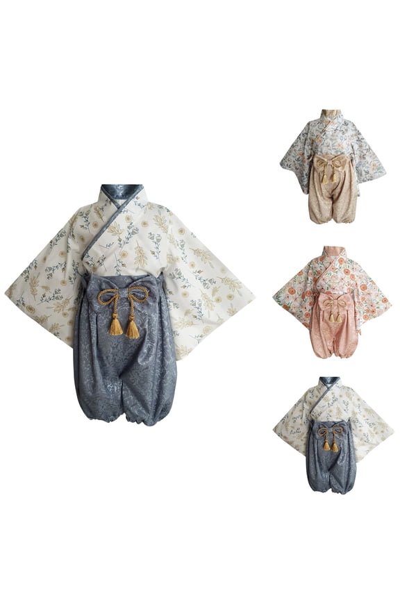 Baby 2-Piece Kimono Set Japanese Style Jacquard Fabric Romper with Tassel and Bowknot Detail Soft Breathable Traditional Clothes for Toddler Girls Ages 1-2Y