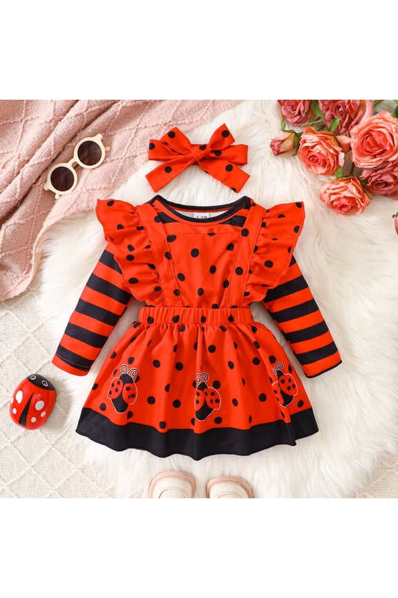 Baby Girls 3-Piece Set Long Sleeve Striped Romper with Ruffle Dot Ladybug Print Suspender Skirt and Headband Cute Festive Outfits for Babies Ages 3-18 Months