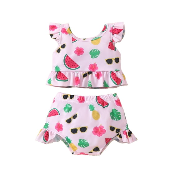 RTKFRFLM Infant Baby Girls Fruit Print Bikini Set Flutter Sleeve Crop Swim Top and Ruffle Shorts Two Piece Swimsuit Summer Wear