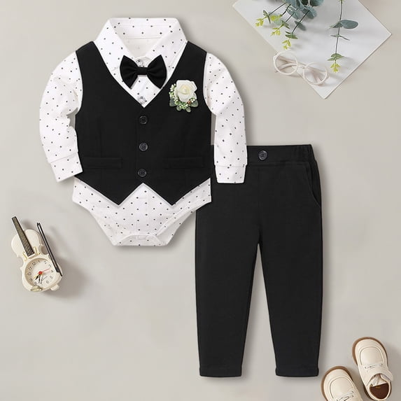RTKFRFLM Gentleman 3 Piece Formal Suit Set for Baby Boys Autumn Birthday Party Wedding Guest Outfit with Shirt Vest and Pants Birthday Gift Black 3-6 Months