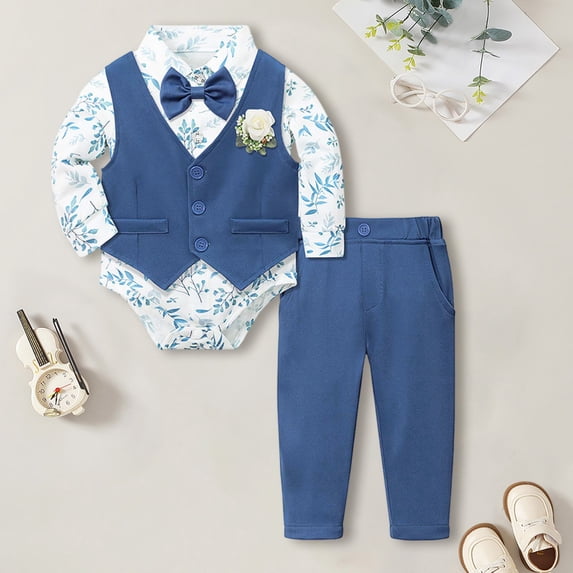 RTKFRFLM Gentleman 3 Piece Formal Suit Set for Baby Boys Autumn Birthday Party Wedding Guest Outfit with Shirt Vest and Pants Birthday Gift Blue 6-12 Months