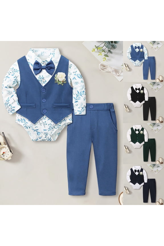 Gentleman 3 Piece Formal Suit Set for Baby Boys Autumn Birthday Party Wedding Guest Outfit with Shirt Vest and Pants Birthday Gift Green 3-6 Months