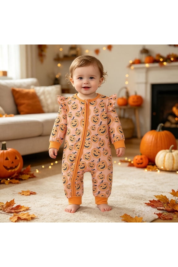 Infant Pumpkin Face Zip Up Bodysuit All Over Print Halloween One-Piece Sleeper Jumpsuit