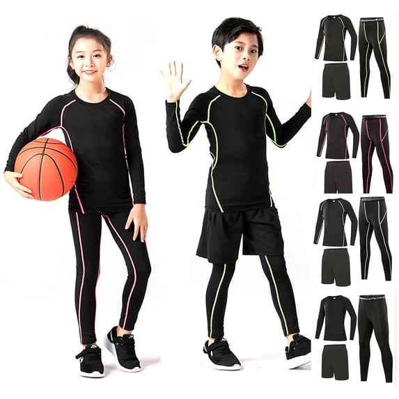 RTKFRFLM Kids 2-Piece Athletic Set Breathable Compression Top and Pants Suit Black 6-7 Years