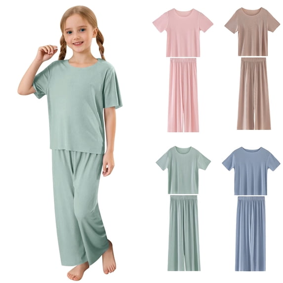 RTKFRFLM Kids 2-Piece Ice Silk Ribbed Lounge Set Summer Short Sleeve Top and Long Pants Outfits Cool Breathable Clothing Sets and Home Wear for Big Girls and Boys Ages 2-15 Years Sets