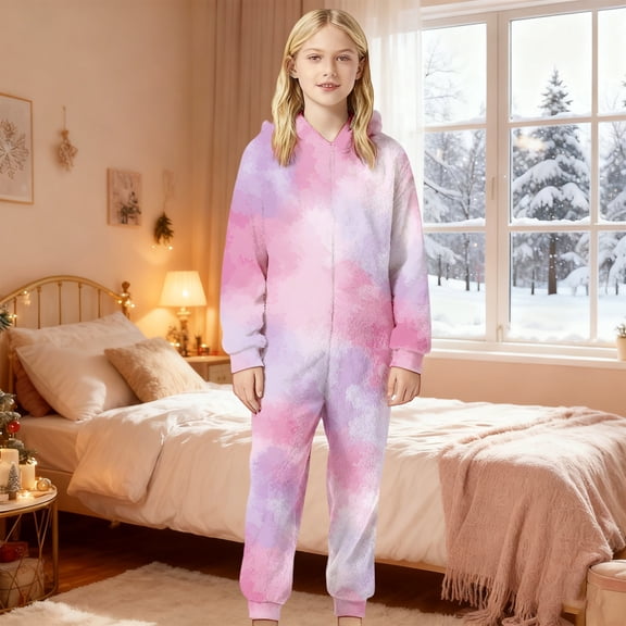 RTKFRFLM Kids Boys Girls 1-Piece Pajama Jumpsuit Flannel Fleece Tie Dye Zip Front Hooded Romper Sleepwear