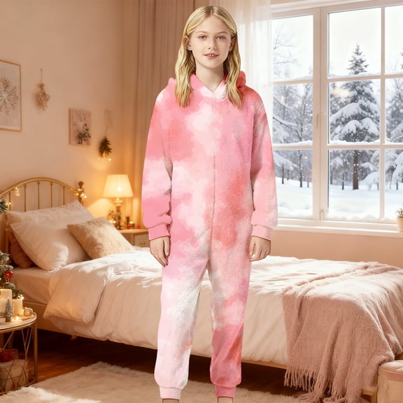 RTKFRFLM Kids Boys Girls 1-Piece Pajama Jumpsuit Flannel Fleece Tie Dye Zip Front Hooded Romper Sleepwear