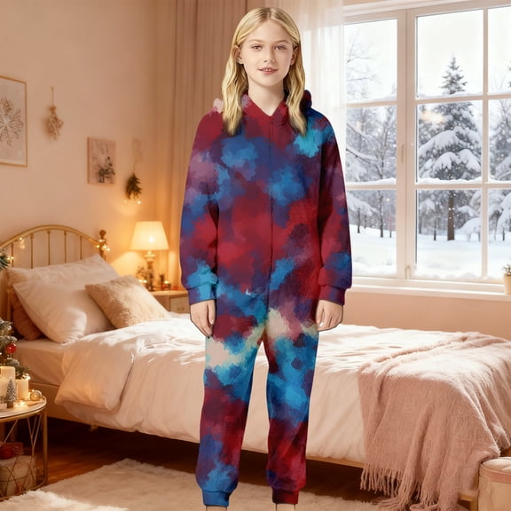 RTKFRFLM Kids Boys Girls 1-Piece Pajama Jumpsuit Flannel Fleece Tie Dye Zip Front Hooded Romper Sleepwear