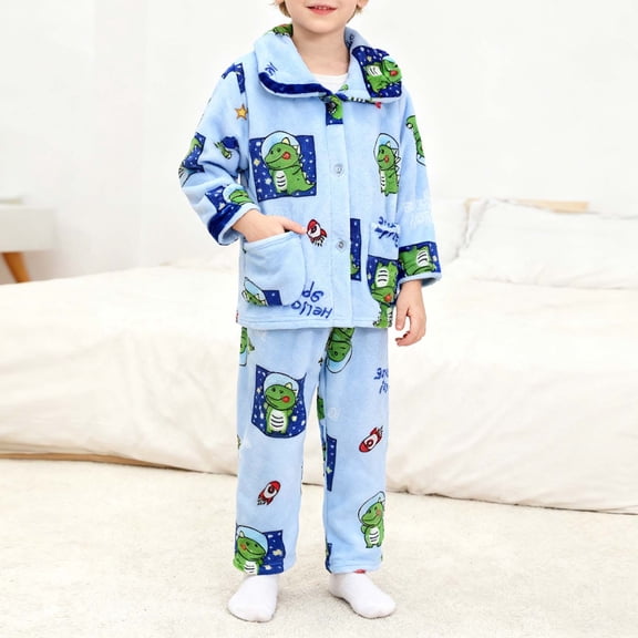 RTKFRFLM Kids Boys Girls Long Sleeve Pajama Set Flannel with Cute Cartoon Print Autumn Winter Sleepwear Sizes 2-12Y