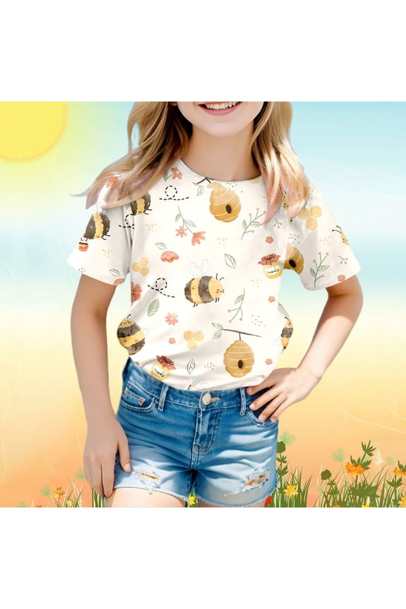 Kids Bumblebee Festival Graphic Tee for Ages 3-13 Years Boys Girls Fashion Casual Print T-Shirt Top Summer Honey Bee Theme Cotton Shirt Soft Breathable Holiday Celebration Wear