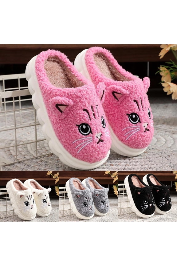 Kids Cartoon Cat Plush Slippers Cute Breathable Indoor Winter Slides Black 8-9 Years