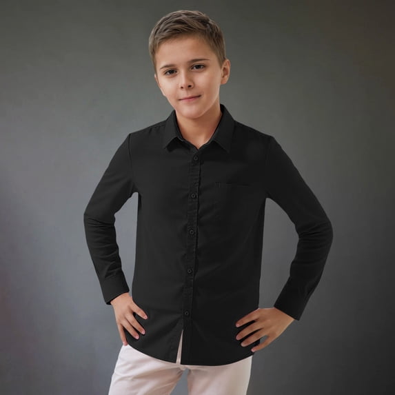 RTKFRFLM Kids Classic Button-Down Shirt Unisex Long Sleeve Solid Color Formal Top Black 3-4 Years