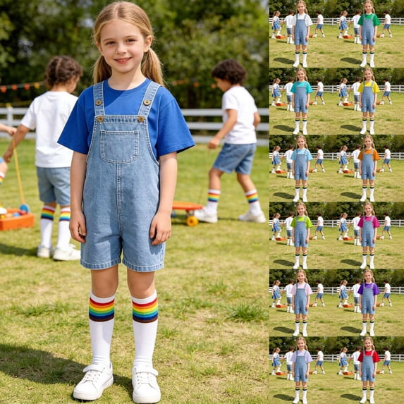 RTKFRFLM Kids' Denim Overall Shorts Set with Solid Color T-Shirt for Boys Girls School Stage Show 2 Piece Outfit Soft Breathable Daily Wear Trendy Elegant Clothing