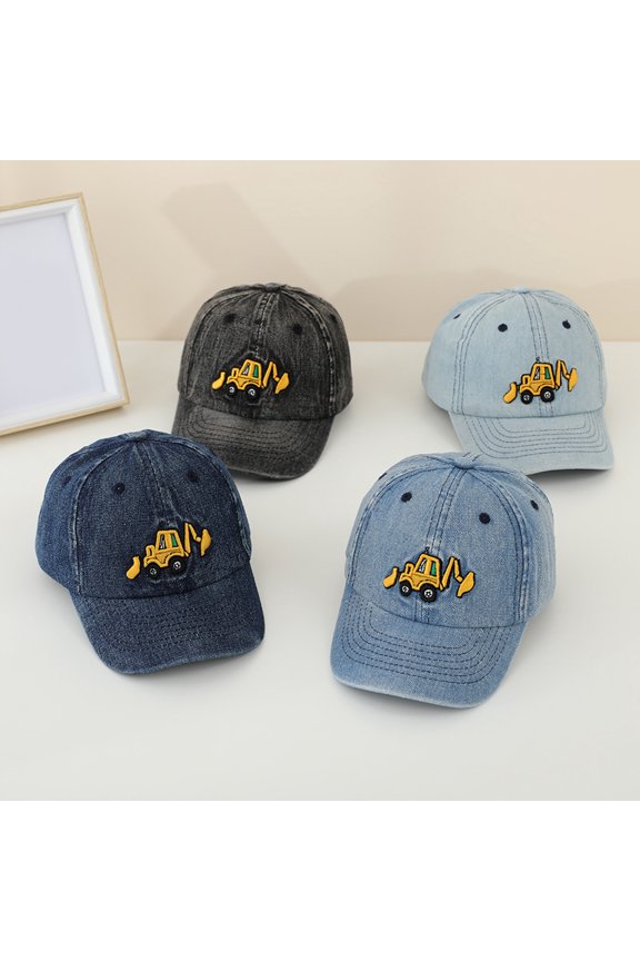 Kids Excavator Graphic Baseball Cap Washed Denim Sun Protection Hat BU1 One Size