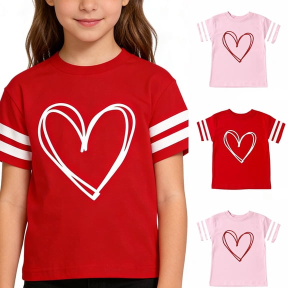 RTKFRFLM Kids' Fashion Casual Heart Print T-Shirt Short Sleeve Crewneck Graphic Tee Top for Boys & Girls Sweet Summer Cotton Shirt Comfortable Active Wear Stylish Unisex Children's Clothing Size 4-16